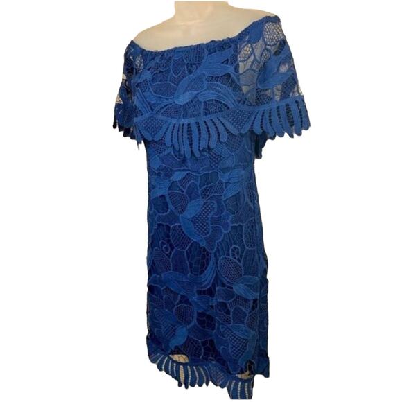 Celavie Special Occasion Lace Midi Dress SZ M Blue Crocheted Floral Boho Elegant - Picture 2 of 8